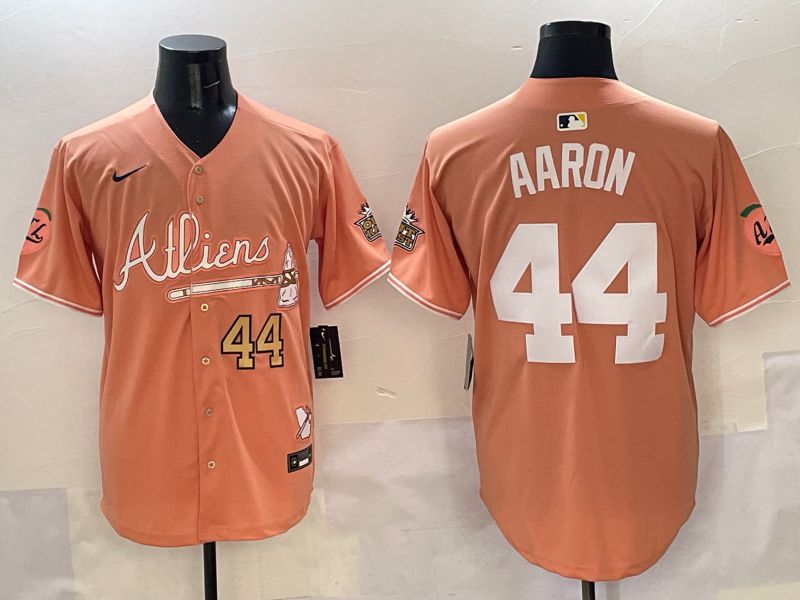 Men Atlanta Braves 44 Aaron Orange Five generations Joint Name 2025 Nike MLB Jersey style 3